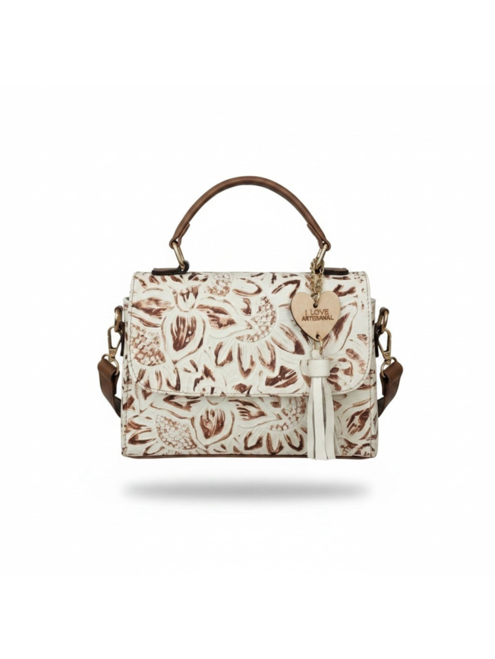 White Bronze Brown Sunflower Embossed Tooled Artisan Leather Crossbody Purse - Picture 2 of 16